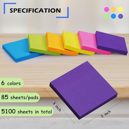 6 Bright Colors Self-Stick Notes - 3 x 3 in, 60 Pads, 85 Sheets/Pad, Easy to Use for Home, Office, and School - Sticky