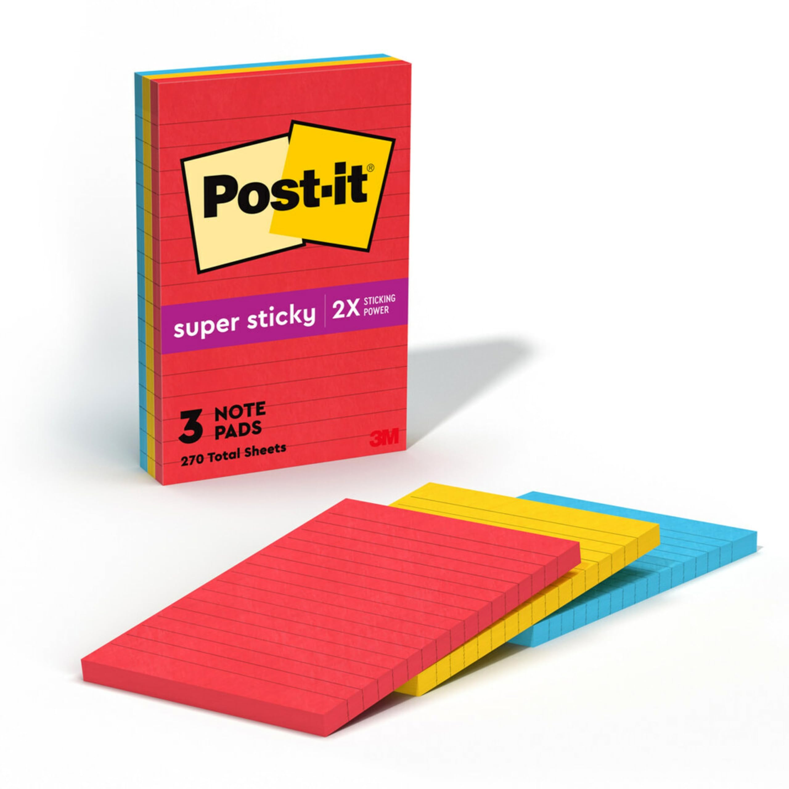 Post-it Super Sticky Notes 4x6 in, 3 Pads, Playful Primaries Collection, Primary Colors Recyclable