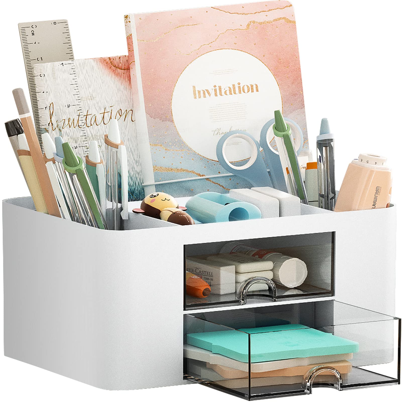 Marbrasse 2 Drawer Pen Organizer for Desk + Office Art Supplies