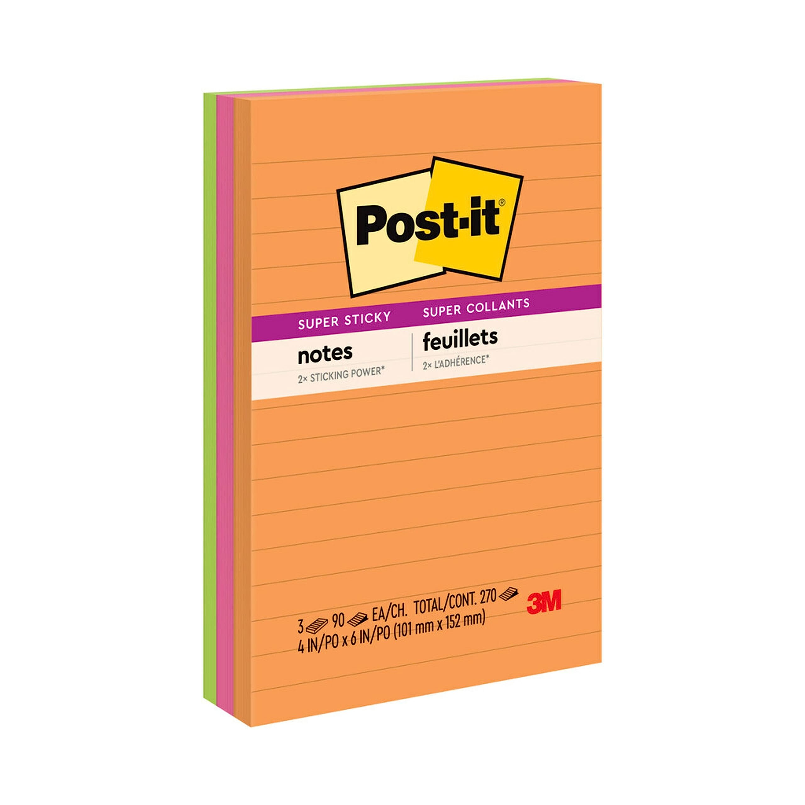 Post-it Super Sticky Lined Notes Ideal for Organization in Your Dorm Home or Office Energy Boost Collection 3 Pad 4 x 6